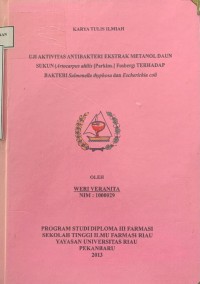 Uji aktivitas antibakteri ekstrak metanol daun sukun ( artocarpus altilis [ parkins.] fosberg) terhadap bakteri salmonella thyphosa dan escherichia coli